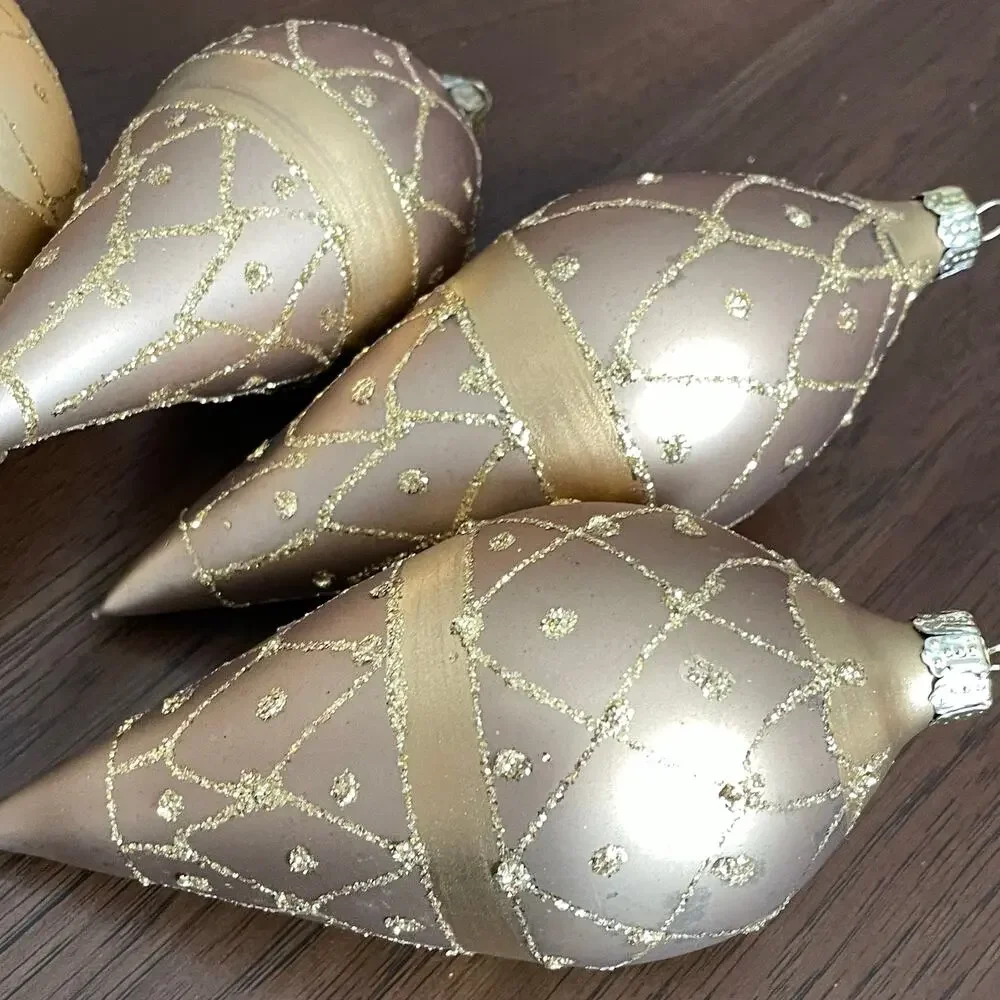 Hand Blown Gold Fluted Ornaments Glitter Lot of 6 Vtg Large Teardrop READ